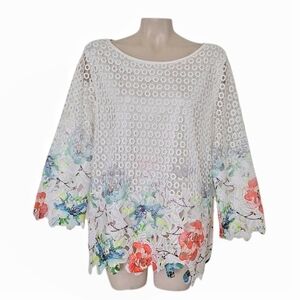 Damee Inc Floral Print Lace Aline Top Tunic Cottagecore Beachy L